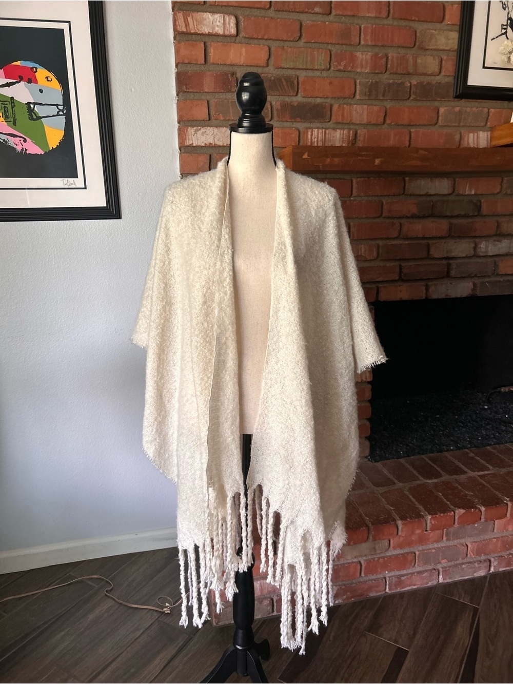 Free People Fringed Soft Open Front Knit Poncho Cardigan in Ivory One Size